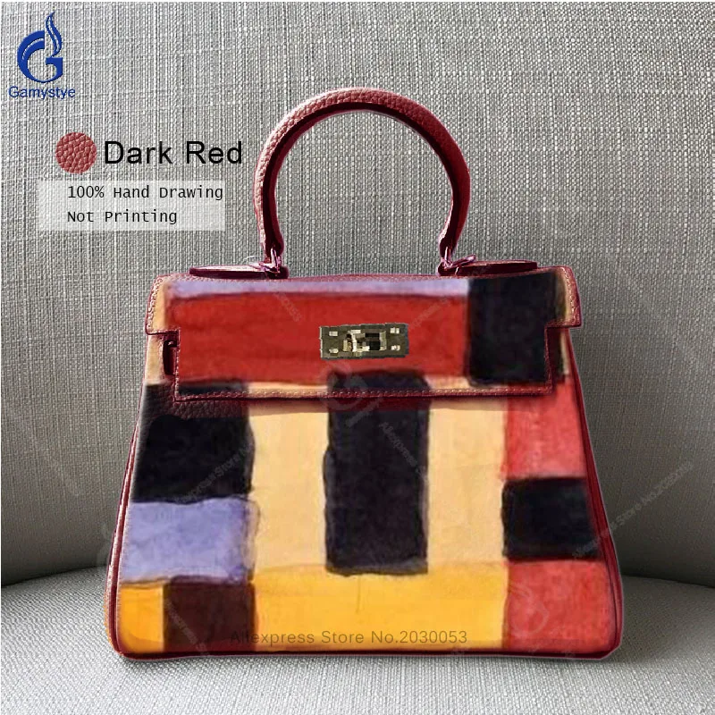 

Vintage Contrast Color Ladies Hand Bag Delicate Women Real Genuine Leather Crossbody Bags Art Oils Simple Messenger Bag Big Tote