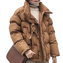U-SWEAR зимняя куртка для женщин; Большие размеры Для женщин s парки утепленная верхняя одежда одноцветное воротник-стойка пальто короткий