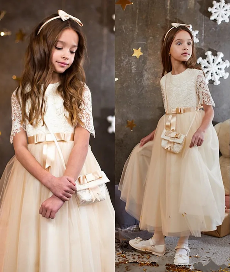 

Cheap Tulle Lace Princess Dress with Belt Ankle Length Half Sleeves Customized Flower Girl Dress For Wedding Kids Prom Dresses
