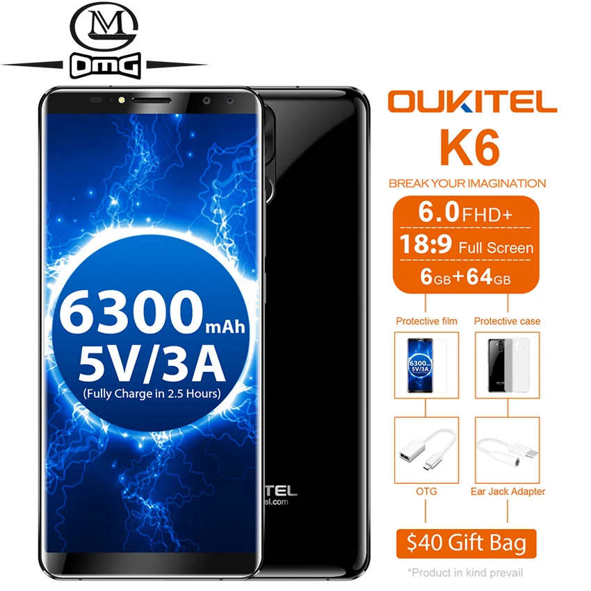 Oukitel K6 6," 18:9 полноэкранный 4G смартфон 6 ГБ ОЗУ 64 Гб ПЗУ 6300 мАч аккумулятор MT6763 Восьмиядерный Android 7,1 8 Мп мобильный телефон