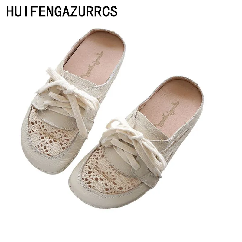 

HUIFENGAZURRCS-Cowhide net surface hollowed-out semi-wrapped slippers female flat-soled sandals outdoor leisure slippers