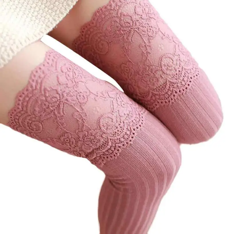 Зимние гетры выше колена для женщин и девочек; мягкие хлопковые кружевные легкие носки; Calcetines; высокие носки до бедра; medias - Цвет: Розовый