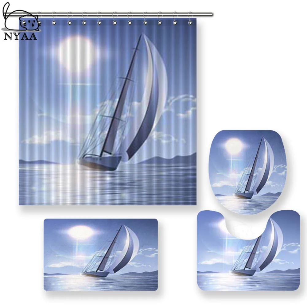 

NYAA 4 Pcs Sailing Yacht Illustration Shower Curtain Pedestal Rug Lid Toilet Cover Mat Bath Mat Set For Bathroom Decor