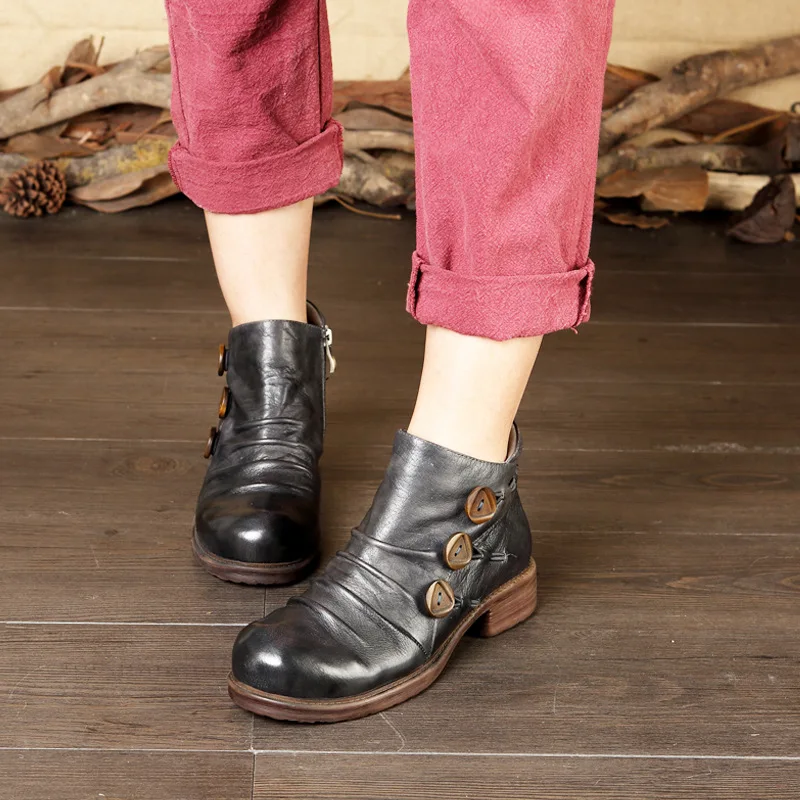 

Button Design Retro Boots For Women Genuine Leather Wrinkle Female Short Ankle Booties Comfortable Lady Block Heel Shoes