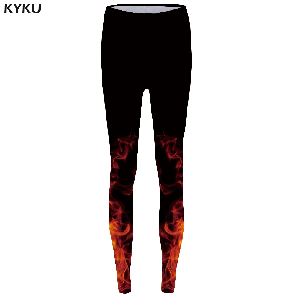 

KYKU Brand Flame Leggings Black 3d Pants Slim High Waist Long Print Legging Women Rock Ladies Bottoms