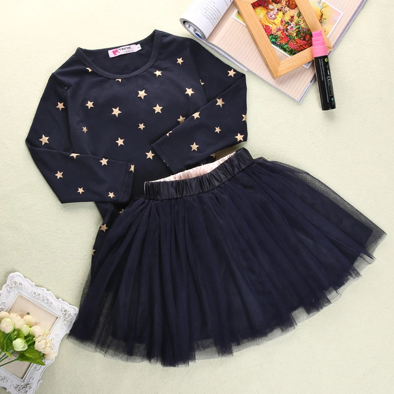 Красивый милый пуловер с круглым вырезом для новорожденных девочек синяя хлопковая рубашка с принтом звезды топы, кружевная юбка-пачка с бантом 2 предмета, 2-7 лет