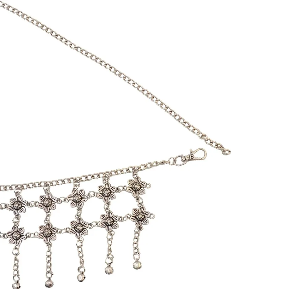  Turkish Antique Silver Metal Flower Tassel Wide Belt Waist Chain Belly Dance Body Chains Women Femm