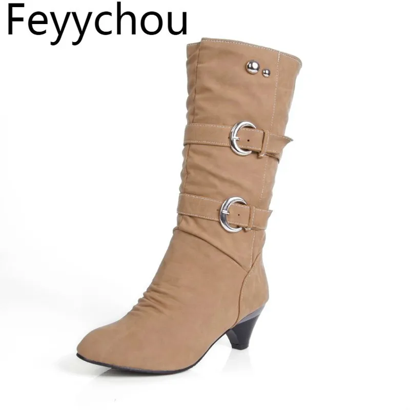 

Women Boots Autumn Winter High Heel Warm Pu Mid-Calf Round Toe Motorcycle Shoes 2018 Sexy Fashion Casual Black Yellow Size 34-43