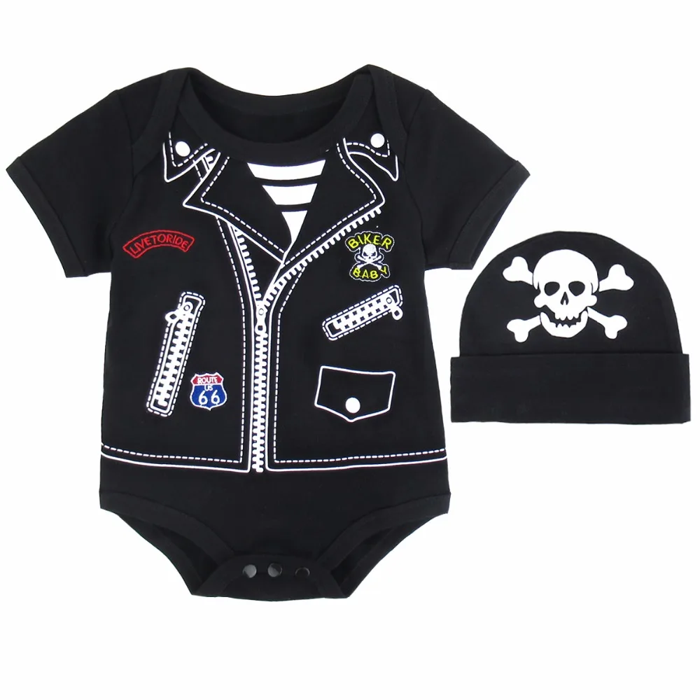 2PCS Baby Boy Biker Costume Bodysuit Cute Infant Party Cosplay with Hat