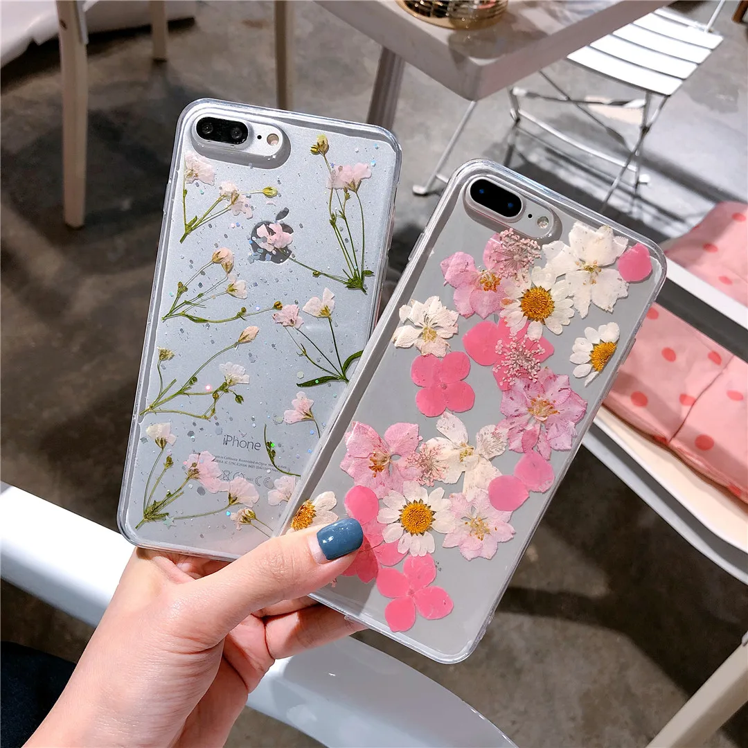 

Dried Real Flower Phone Cases For iphone 6 6s plus For iphone 7 7 plus 8 8 Plus X Transparent Soft TPU Case Back Cover
