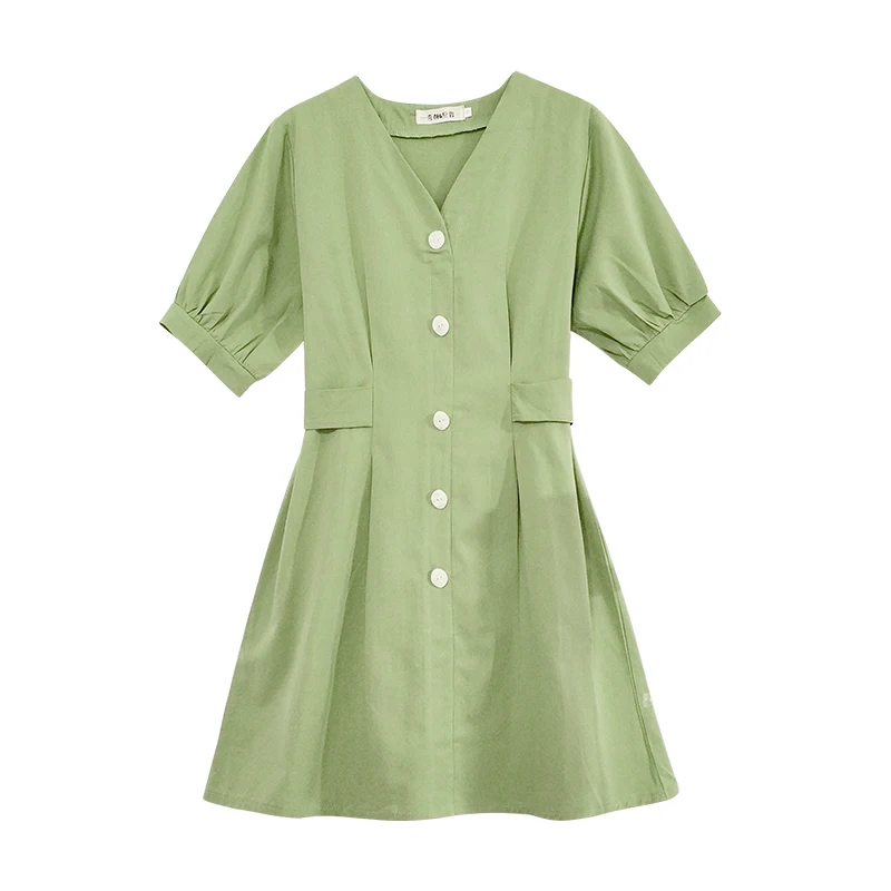 

Women Summer Dress 2019 V Neck Vintage Short Sleeve Empire Solid Button Bandage French Style Dresses Orange Green Yellow 1373SP