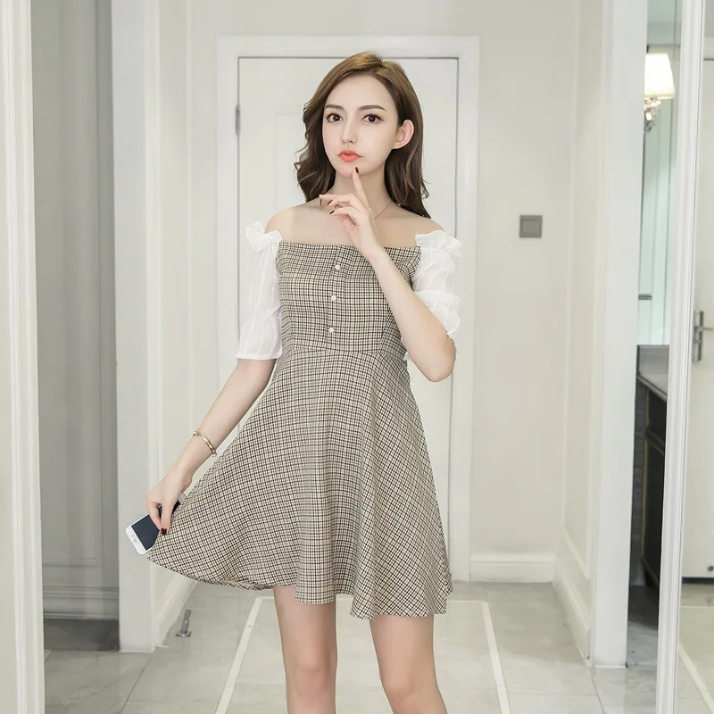 2018 Summer New Women Fresh Lattice Feifei Sleeve Dress Short Fund Leisure Time Vest Fashion A-line Dress