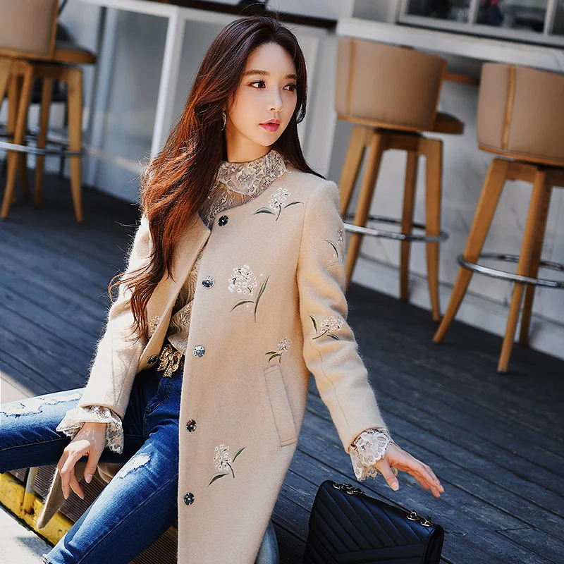 Dabuwawa Autumn Winter Long Coats Outerwear 2018 New Women Elegant Embroidery Print Slim Covered Button  Woolen Coat