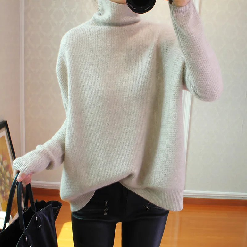 201 new cashmere sweater female high collar Korean version of lazy loose pullover sweater solid color large size bottoming shirt - Цвет: Бежевый