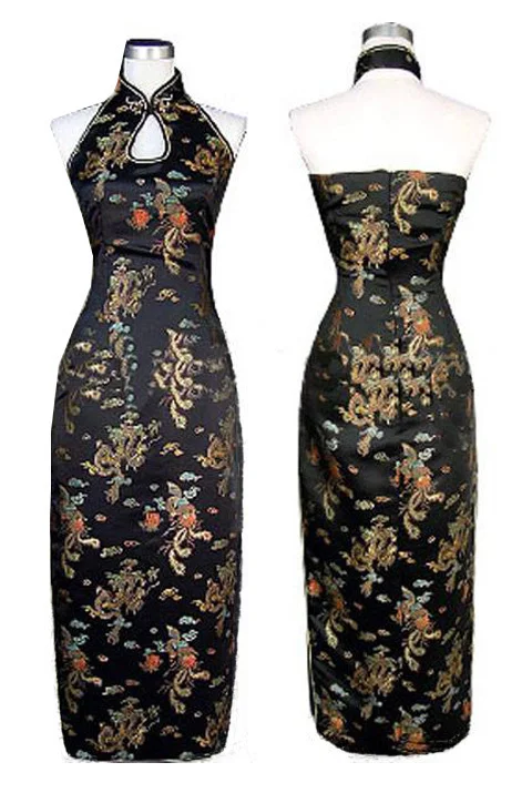 Tengeri táj Kék szín Hagyományos chinesa Női Szatén Kötőfék cheongsam stv qipao backless ruhát Ruhaviselet Öltözet S M L XL XXL XXXL J3400