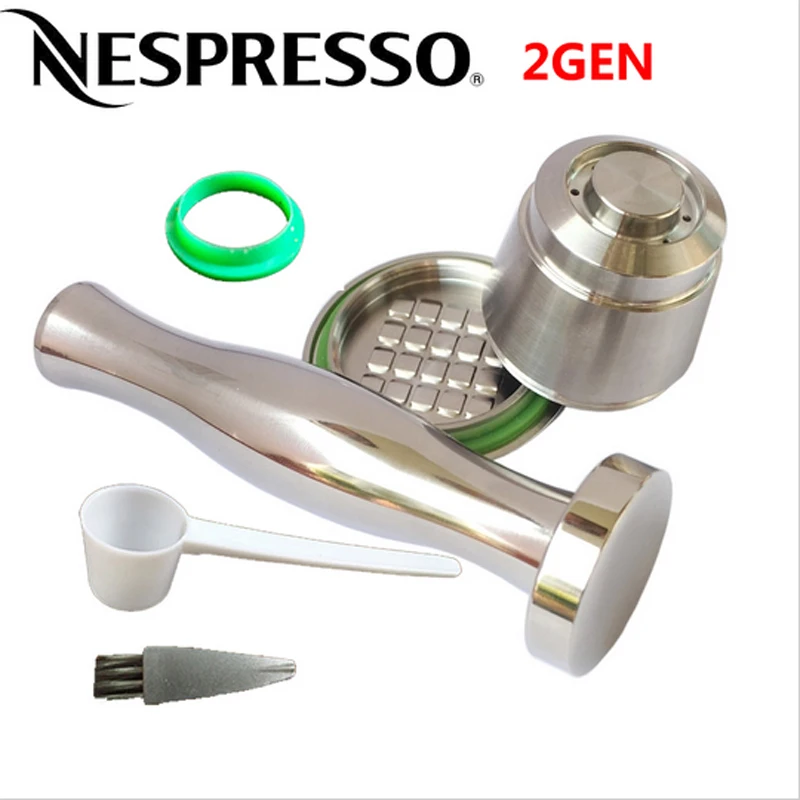 2nd Generation Stainless Steel Metal Refillable Reusable Capsule For Nespresso Machine + Flat Base Coffee Tamper