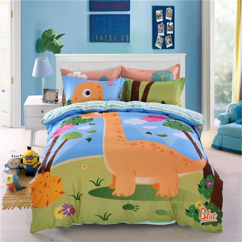 Dinosaur print duvet cover set,3/4pcs children blue stripes bed sheets