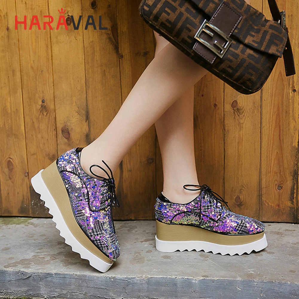 

HARAVAL Spring and autumn simple low shoes thick bottom sequins women shoes comfortable square head high heels Single shoes N99