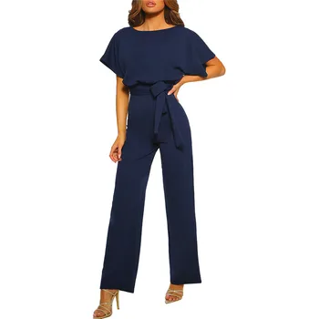 

Women Short Sleeve Playsuit Clubwear Straight Leg Jumpsuit With Belt pantalon femme salopette femme F1