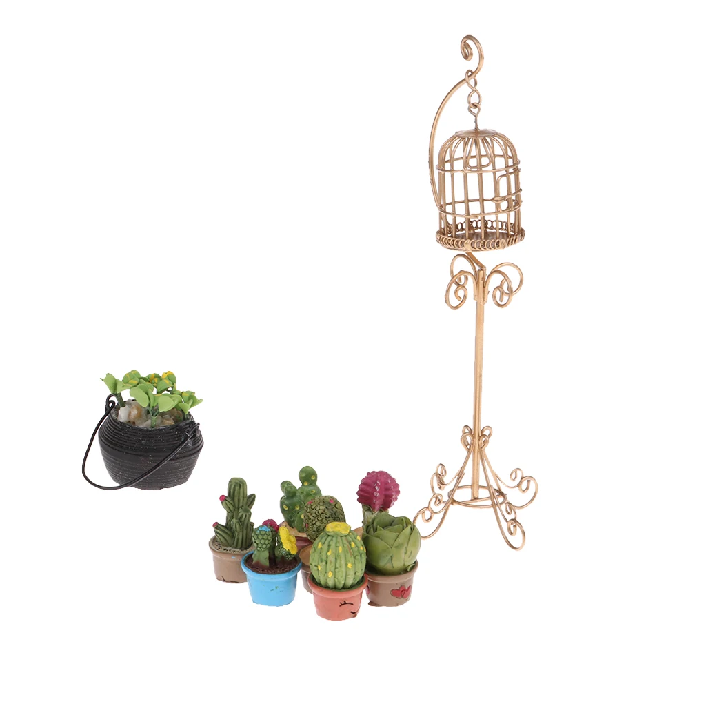 1:12 Metal Birdcage With Holder Stand & 7pcs Resin Succulents And A Clay Green Plant Model
