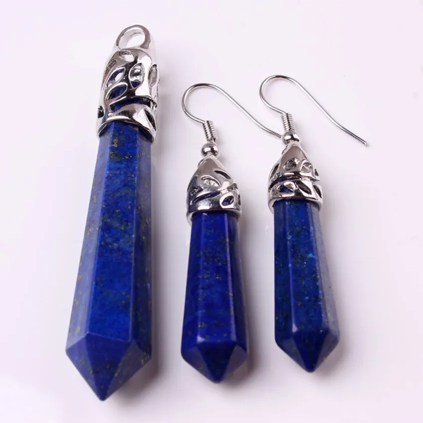 

Kraft-beads Silver Plated Lapis Lazuli Hexagon Prism Pendant Dangle Earrings Ethnic Style Jewelry Sets