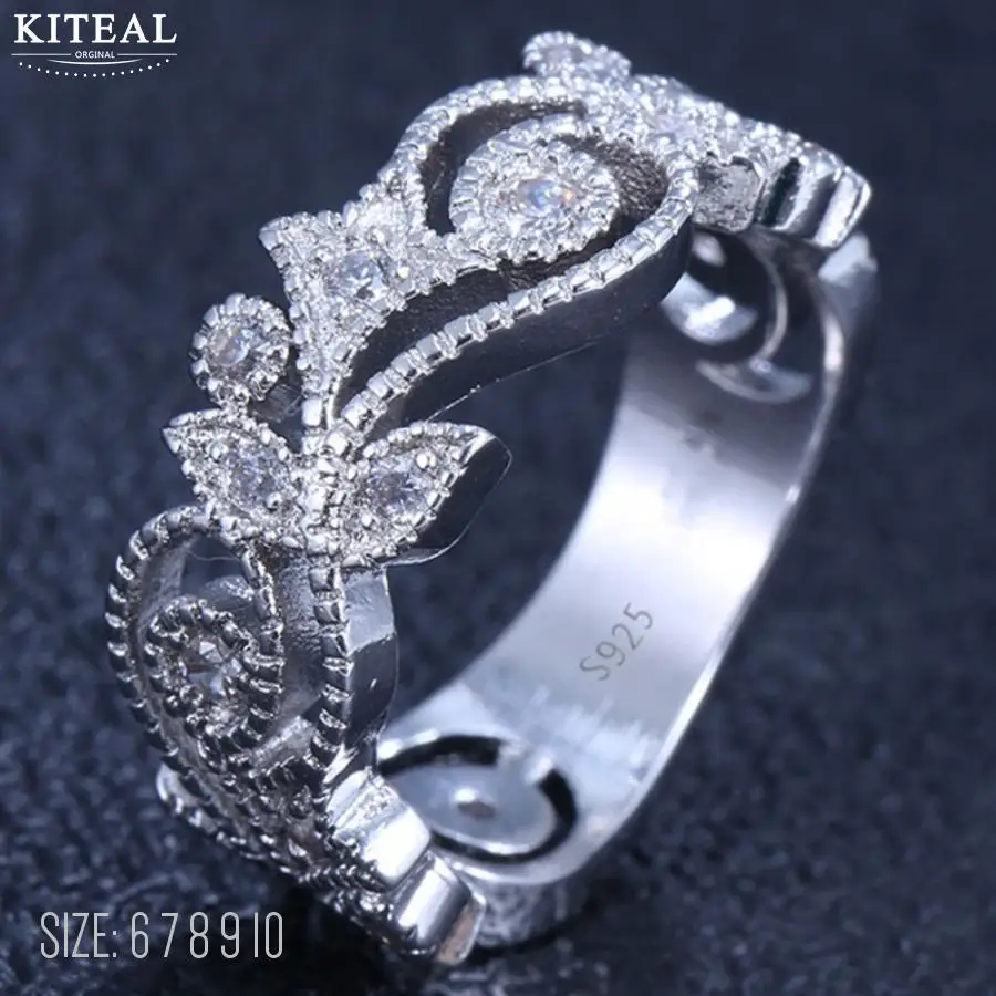 Luxury Ring For Women flower Hollow Out Austrian Rhinestone Fashion Anniversary Engagement Women Silver Jewelry 925 stamp