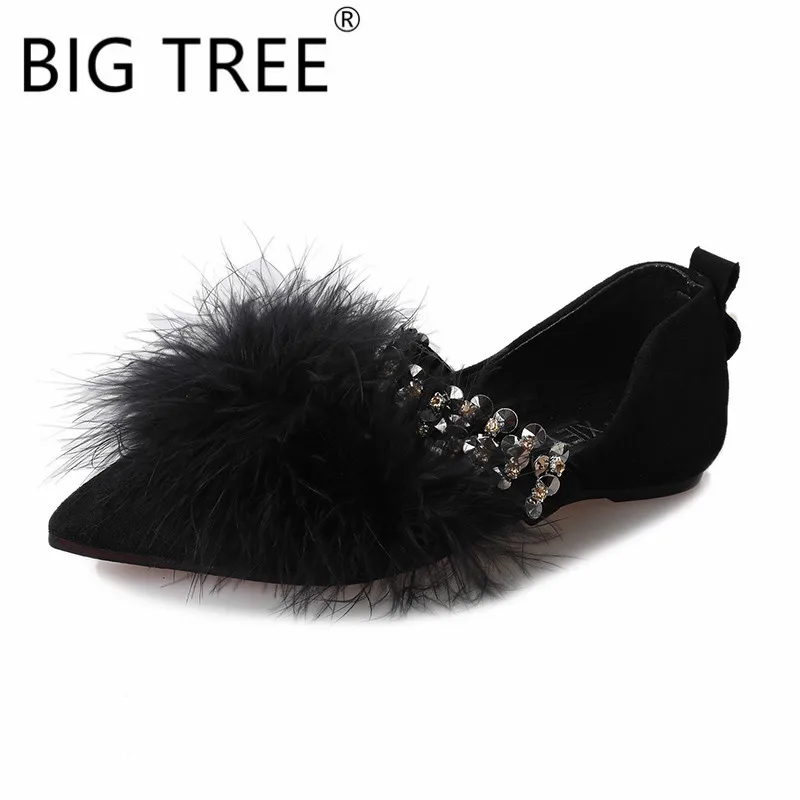 

BIGTREE 2019 Spring Pointed Fur Shoes Rhinestones Shallow Mouth Scoop Shoes Flat Shoes Real Hair Female Peas Shoes