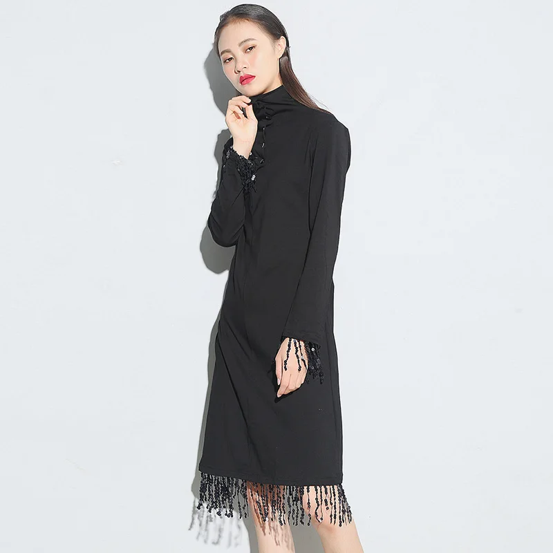 TANGNEST Women Dress 2017 Мода Весна Платья Тонкий Блестками Длиной До Колен Полный Рукав