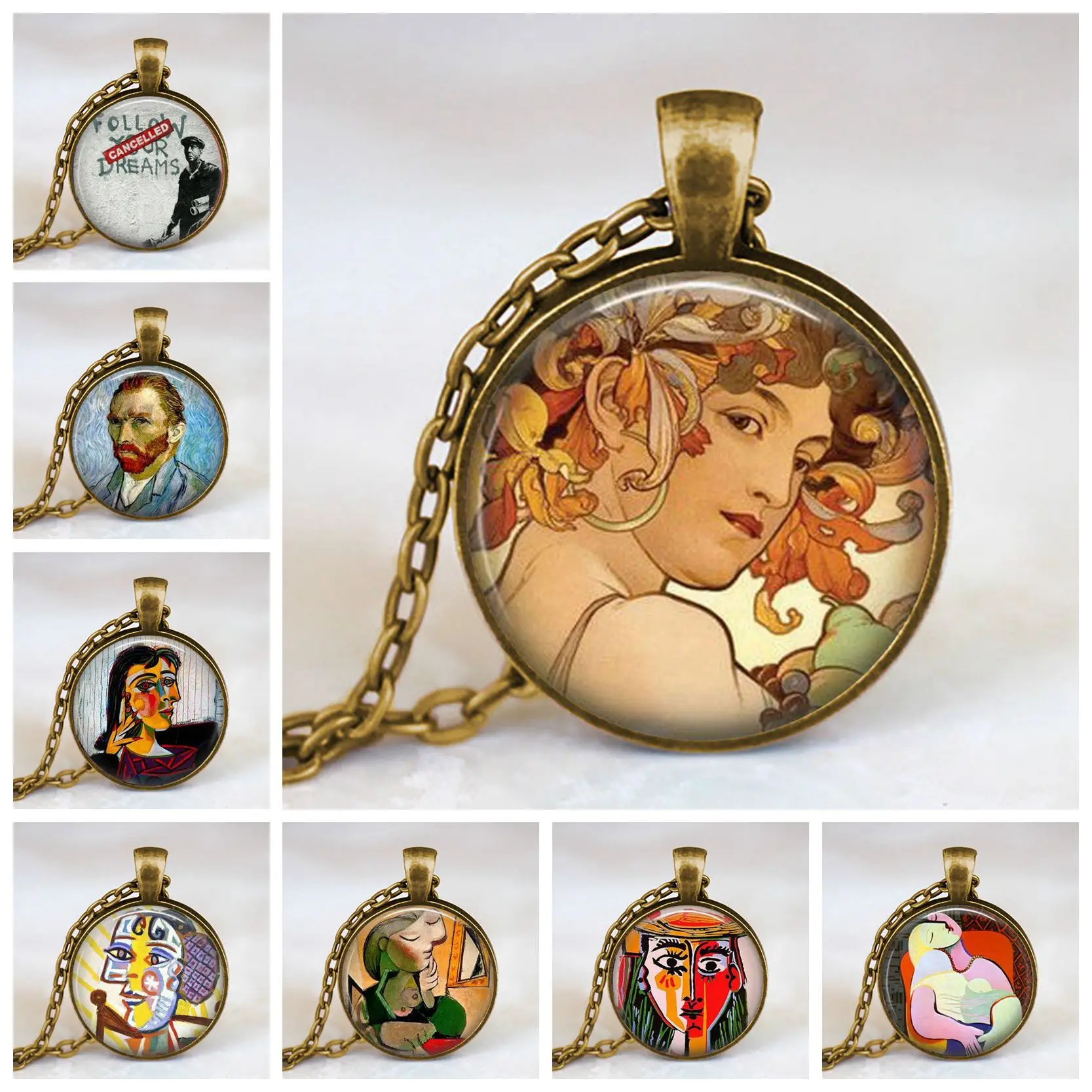 

2019 New Fashion Van Gogh Self Portrait Fashion Pattern Necklace Art Creative Glass Cabochon Pendant Antique Bronze Necklace