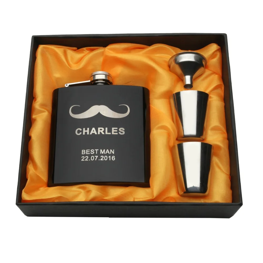 1 Set Personalized Engraved 6 oz Black Hip Flask Stainless Steel Wedding Birthday Valentine's Day Gift Favors FL02