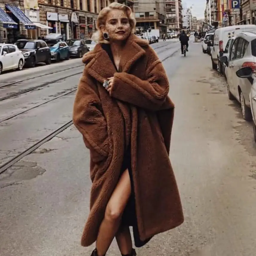 

Winter fashion Women Warm Long Lambswool Long Sleeve Lapel Collar Loose Thick Woolen coat
