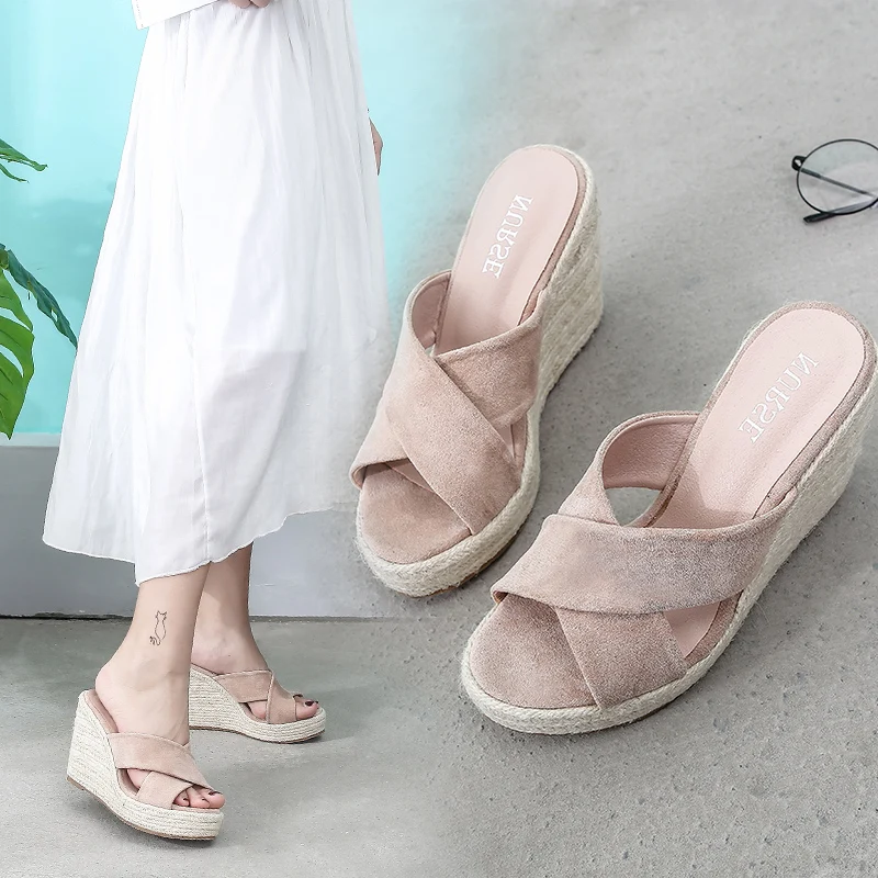 

2019 new fashion sexy wedge sandals versatile comfortable large size high heel slippers straw beach slippers