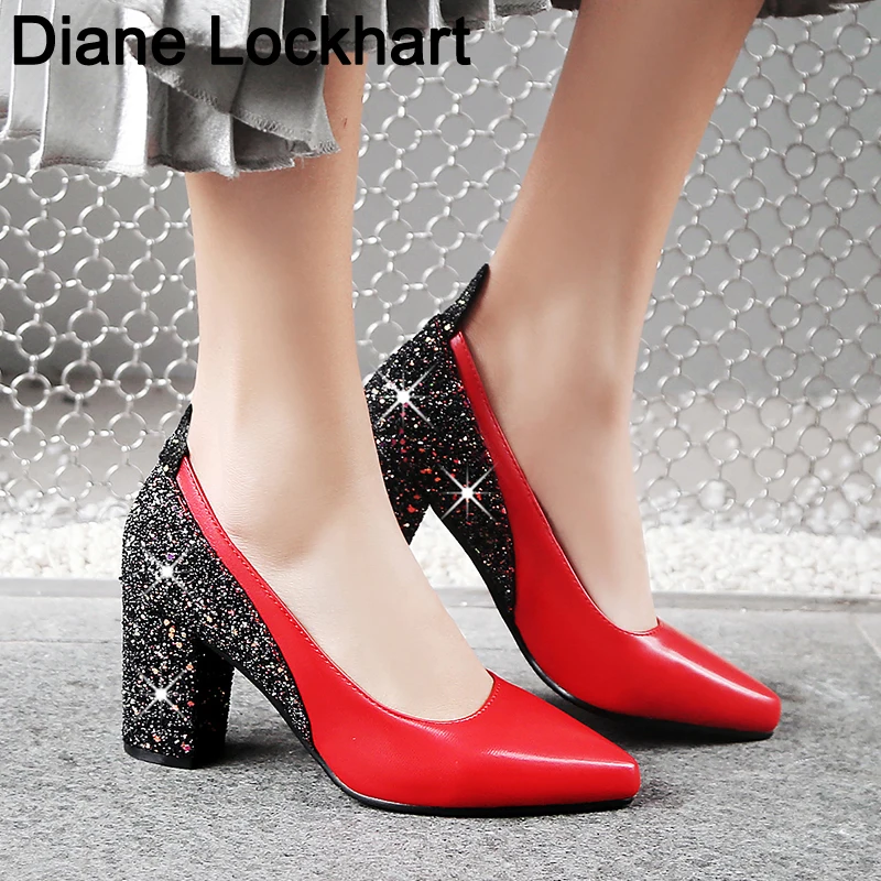 

2019 Hot Sale Pumps Fashion Colorful Square Heel High Quality Leather Round Toe Bling Shoes New Elegant Women's Pumps 33 41 48