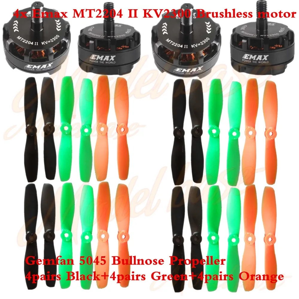 

4x Emax MT2204 II KV2300 Brushless motor+12pairs Gemfan 5045 Bullnose Propeller 4x Black+4x Green+4x Orange for FPV QAV250 Drone