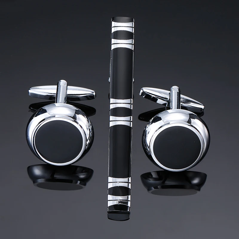 

DY The new high quality brass plated Silvery Round Black Enamel Cufflinks tie clip set men dress jewelry free shipping