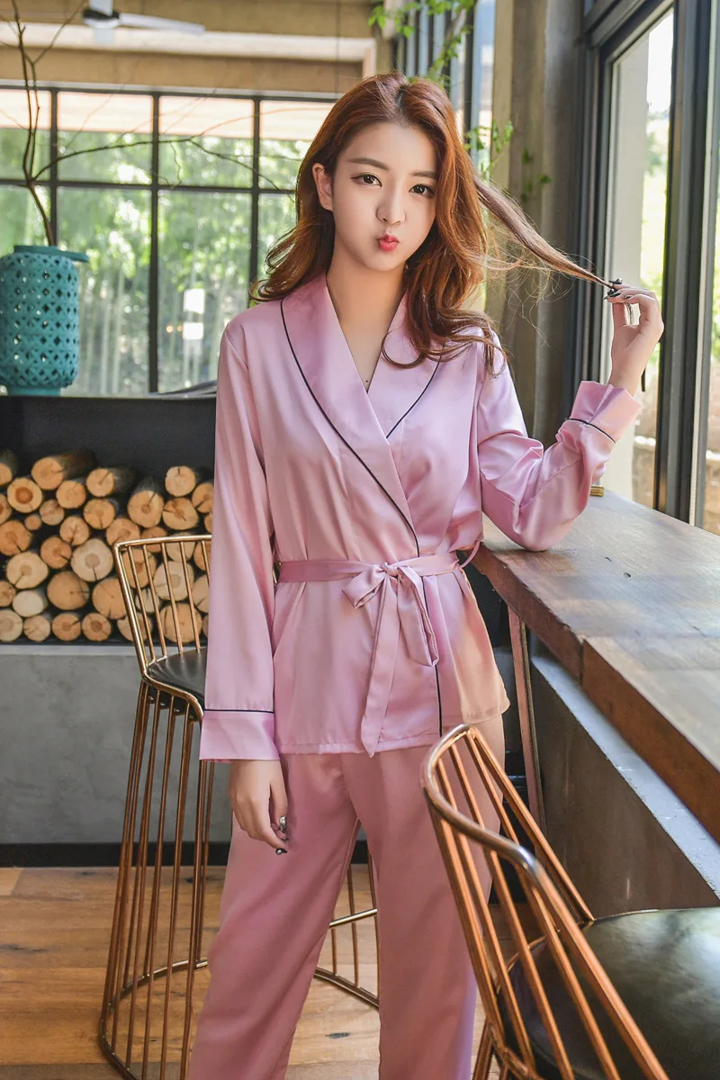 2017 otoño nueva llegada pijama de satén para mujer conjunto de ropa de dormir de manga larga de dos piezas de talla grande con cuello en V pijamas transpirables 4 colores - 6