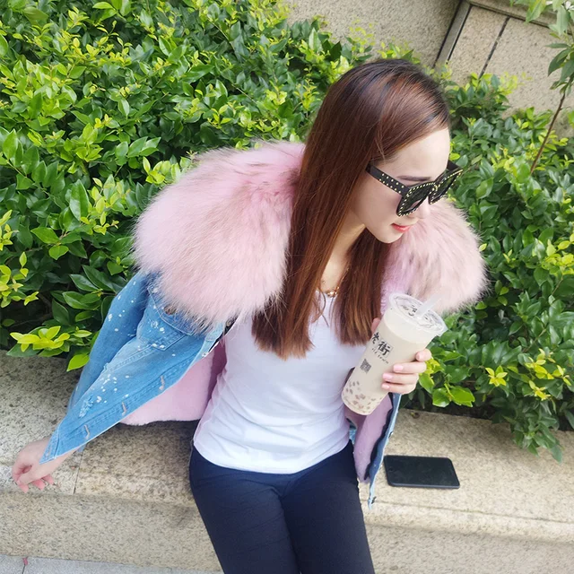 brand 2017 new fur coat autumn winter coat women holes denim jacket parka real raccoon fur collar warm thick faux fur liner  1
