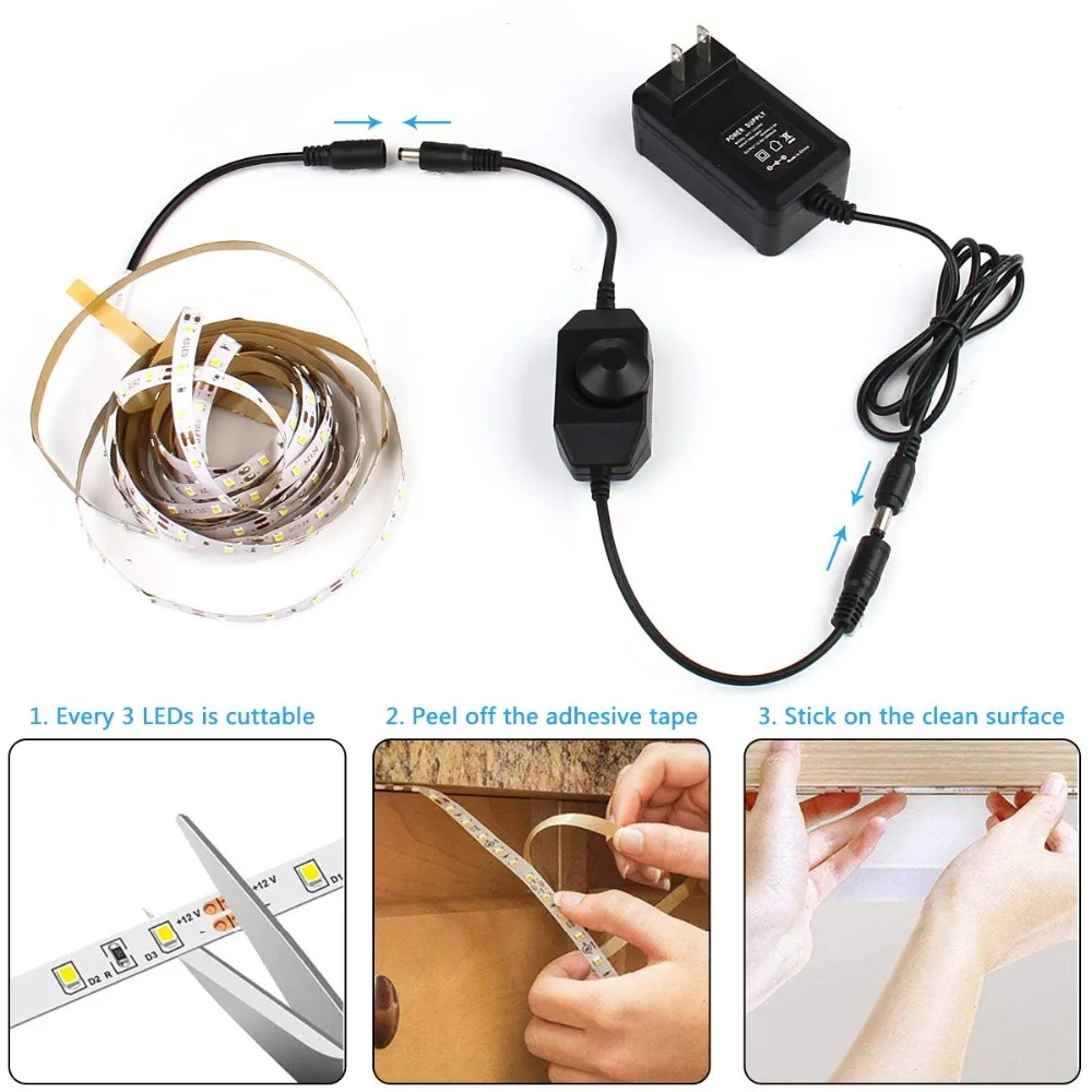 Daylight White 2835 SMD LED Strip Kit 5M 60LEDsm DC 12V 6500K Flexible LED Light with Knob Dimmer 24W Power Adapter EU US UK (6)