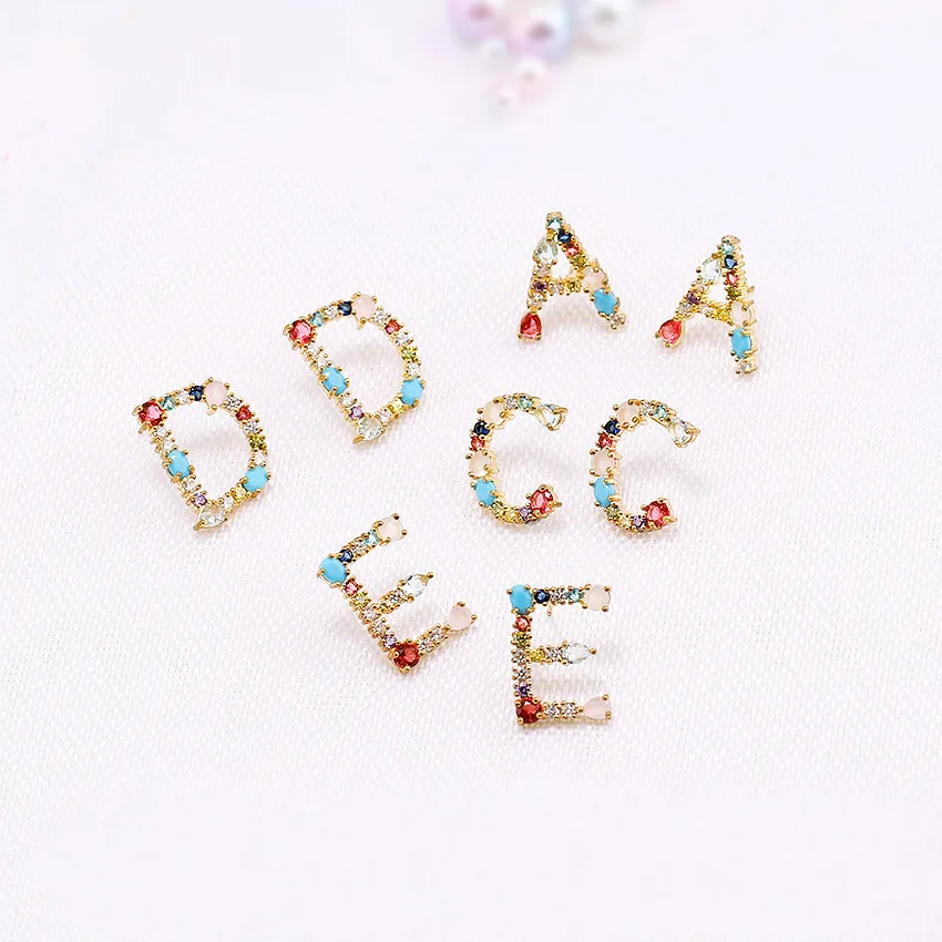 

5Pairs Fashion Colorful Micro Pave CZ Zirconia Stone A-Z Alphabet Letter Charms Stud Earrings For Women rainbow cz Party Jewelry