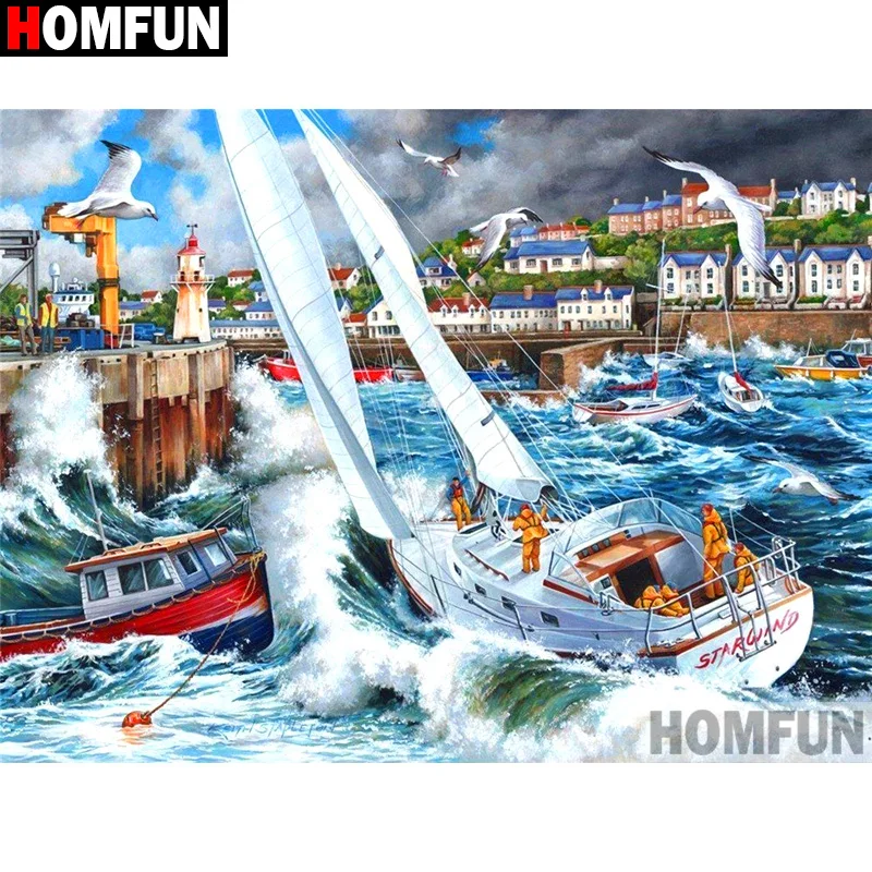 HOMFUN Full Square/Round Drill 5D DIY Diamond Painting &quotBoat sea house&quot 3D Embroidery Cross Stitch Home Decor A19616 | Дом и сад