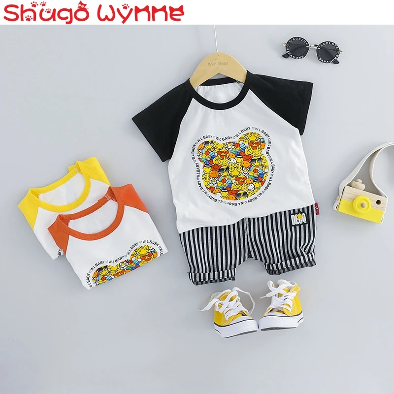 

2019 Summer Cotton Girls Baby's Sets Short Sleeve Cartoon Bear T-Shirts + Striped Shorts Pants Kids Boys Sport Casual 2Pcs Suits