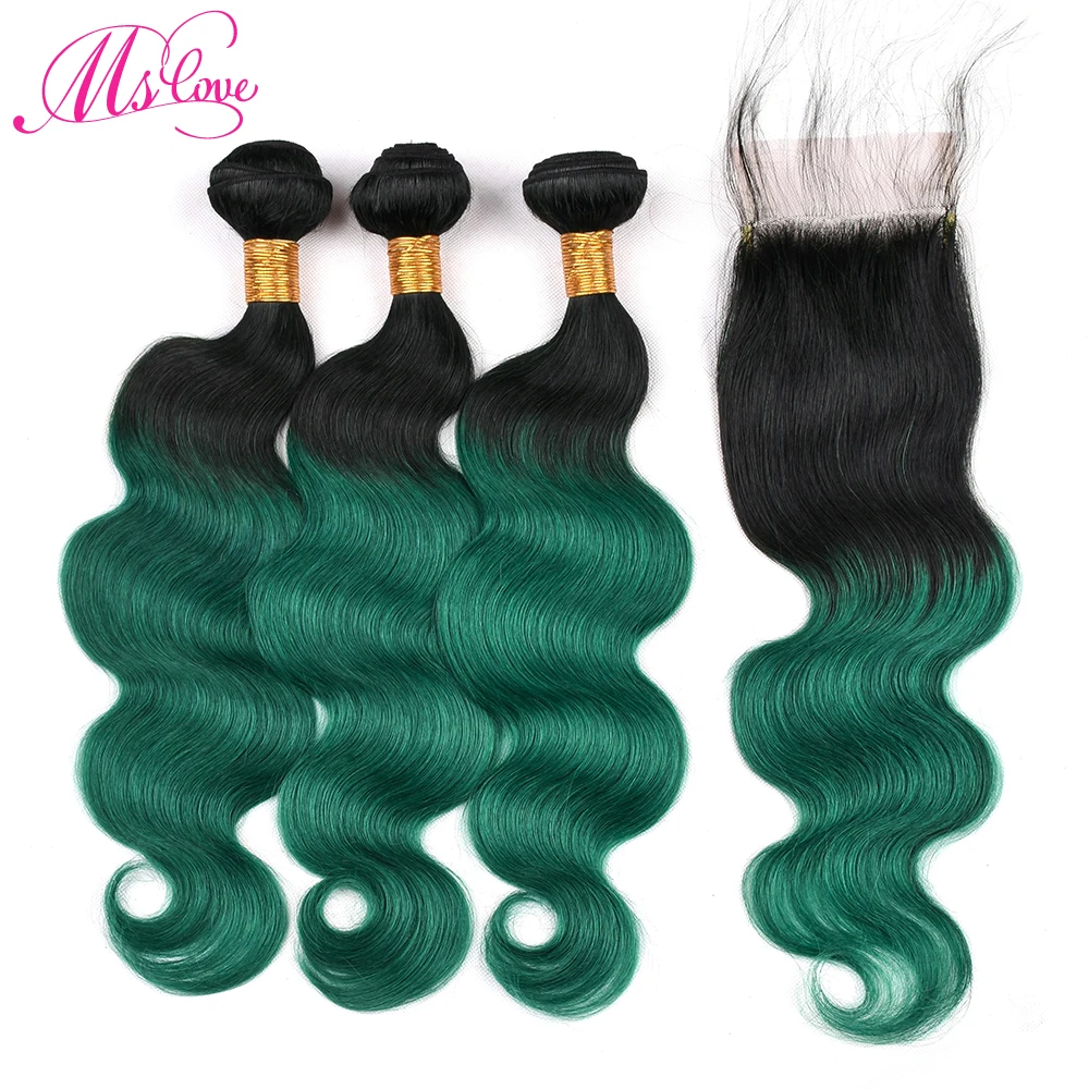 MS любовь предварительно Цветной T1b зеленый объемная волна Ombre бразильский пучки волос с закрытием 4*4 человеческих волос связки с закрытием