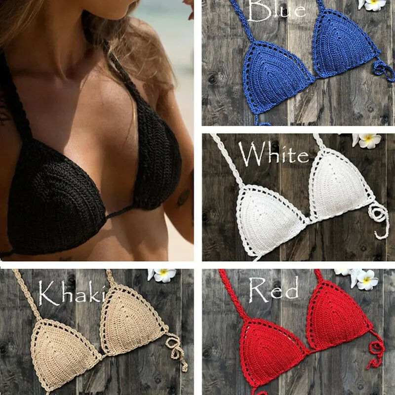 

2019 Summer New Sexy Women Boho Bikini Top Separate Woven Knitted Swimwear Bra Pure Color Crochet Swimsuit Top