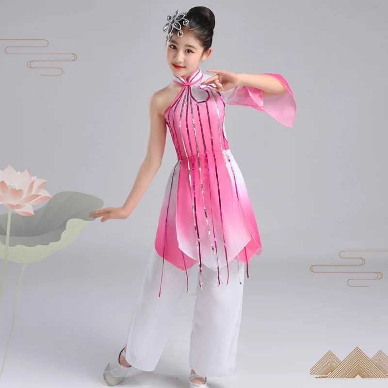 Китайские танцевальные костюмы для девочек, сценическая одежда, китайское платье hanfu, сценический костюм, детский Древний китайский костюм, Классический розовый танцевальный костюм