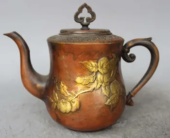 

7"Chinese Red copper gilt Feng Shui lucky carving pumpkin teapt Flagon