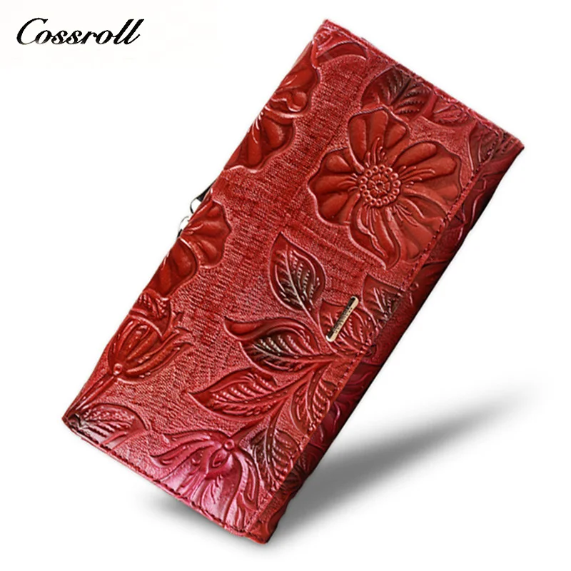 

Cossroll Brand 2019 Vintage Genuine Leather Purse New European Fashion Female Long Embossing Flower Hasp Wallet for Women