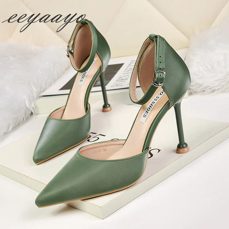 

2019 New Summer Women Sandals High Thin Heel Pointed Toe Buckle Solid Fashion Sexy Ladies Women Shoes Green High Heels Sandals