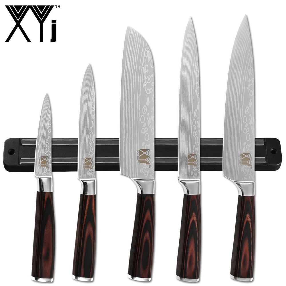 

XYj 8'' 7'' 5'' 3.5'' Stainless Steel Kitchen Knives Set Damascus Pattern Chef Santoku Knives 11'' Knife Stand Kitchen Tools