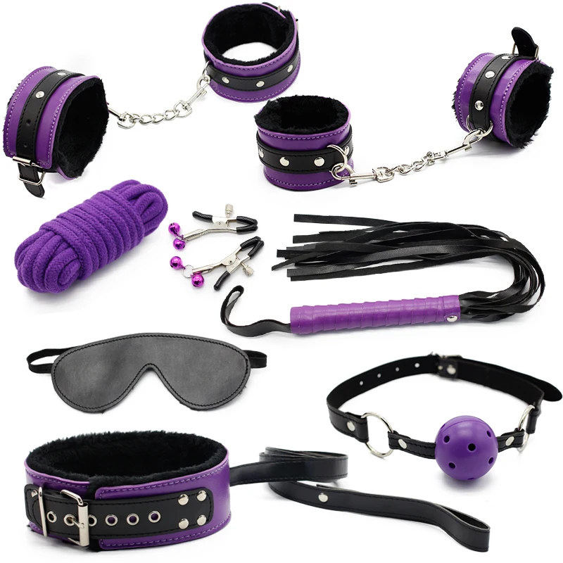 8 pcs/set Sex Bondage Restraint Kit Leather BDSM Adult Games Erotic Sex Toys,Handcuffs Whip Rope Mouth Gag Mark ,Sex Product adult games 8 in 1 pink bondage kit set neck collar whip ball gag handcuffs rope eye mask fur sex fetish toy