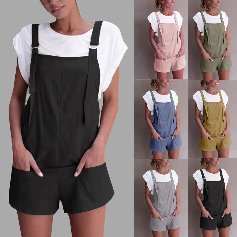 Women Elastic Waist Dungarees Linen Cotton Pockets Rompers Playsuit